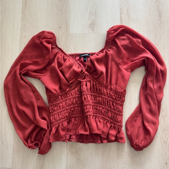 Express Rust Red Smocked Blouse - Picture 2 of 5